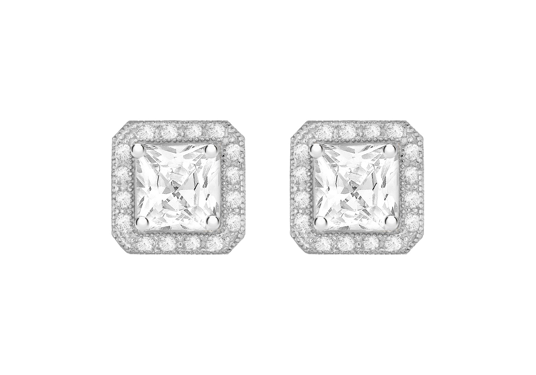 Sterling Silver Rhodium Plated Zirconia Square Stud Earrings