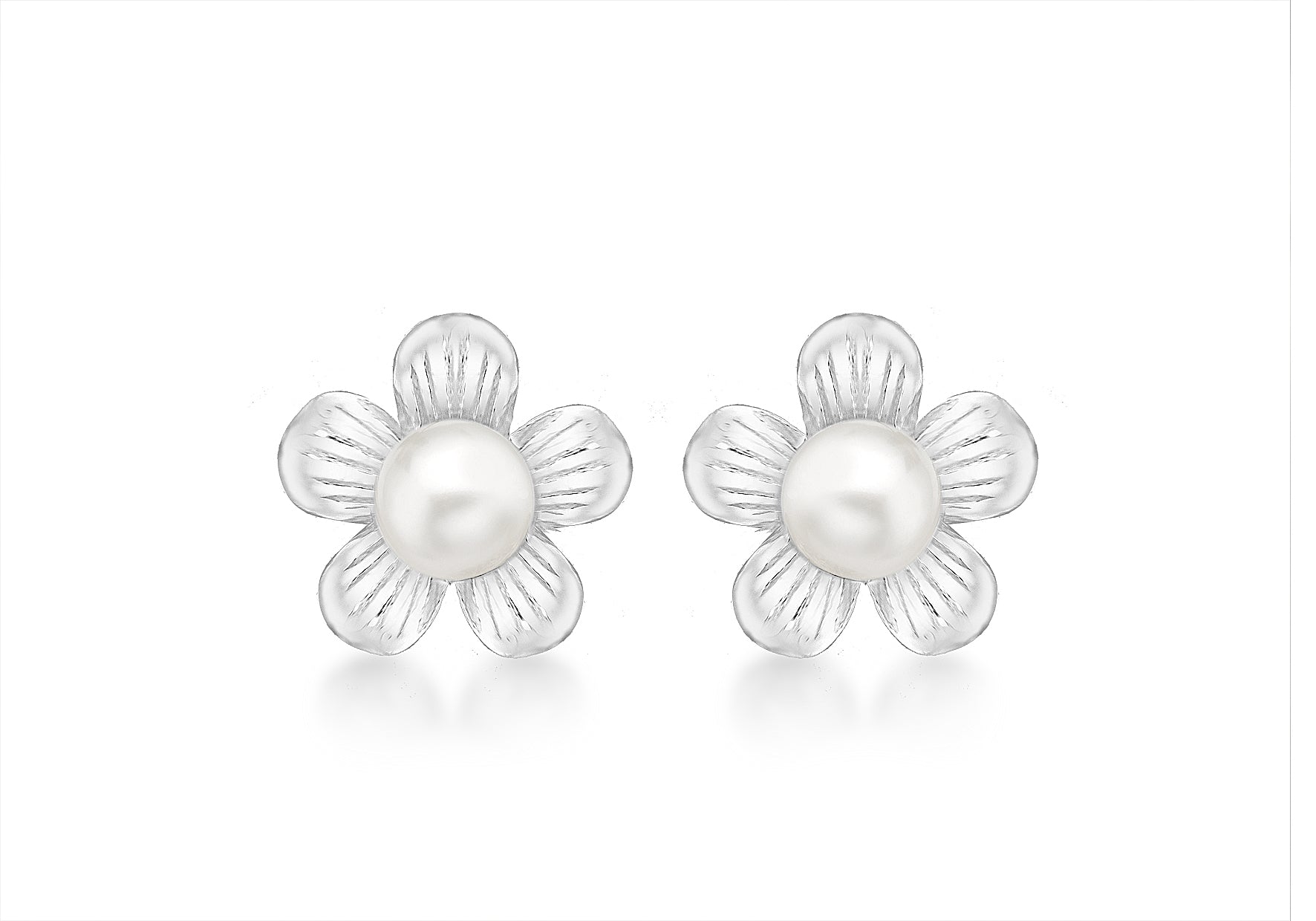 Sterling Silver Flower and Pearl Stud Earrings