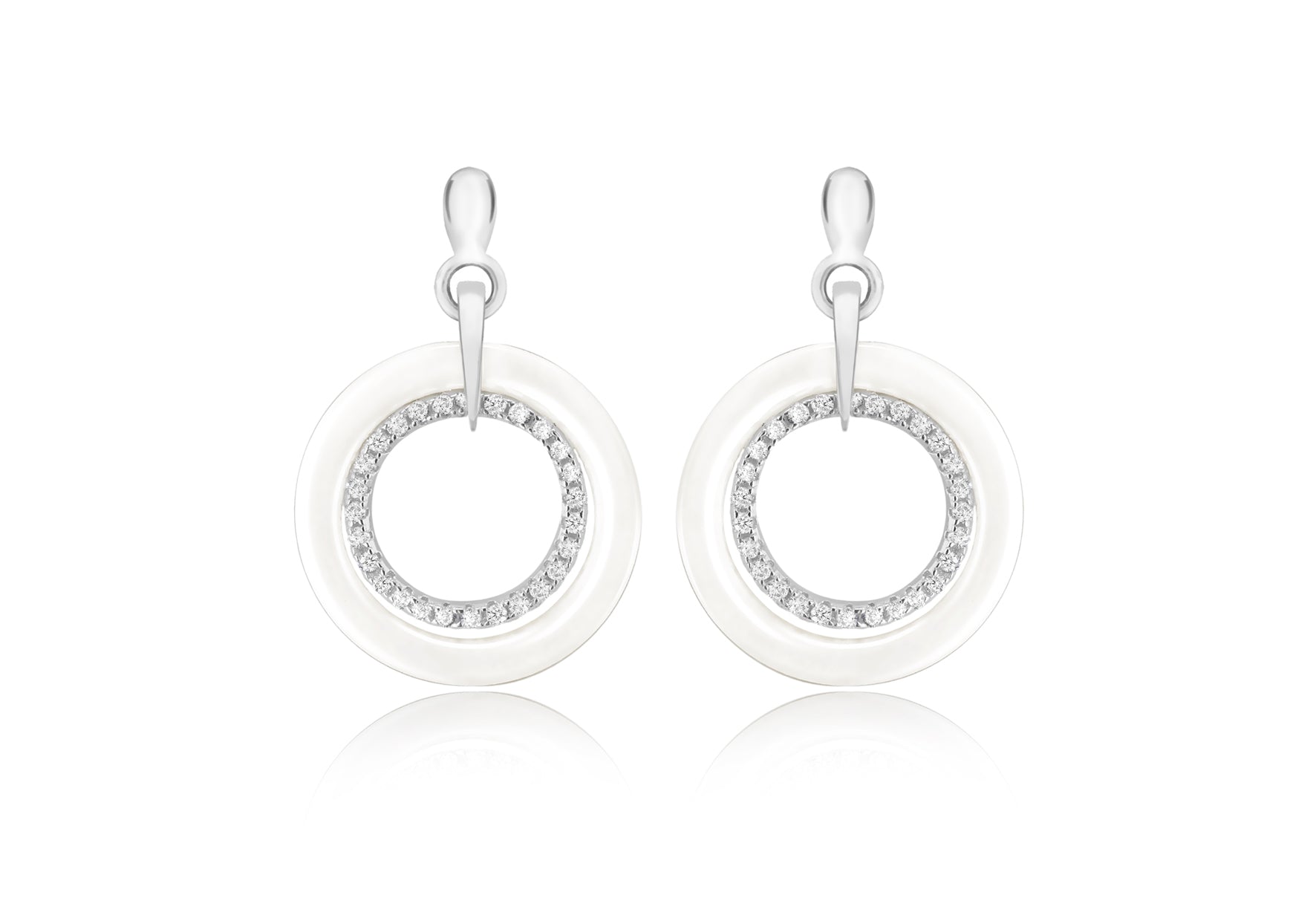 Sterling Silver Rhodium Plated Pave Set Zirconia  and White Ring Earrings