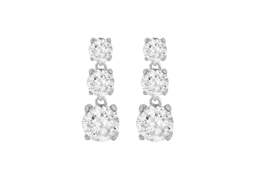 Sterling Silver Rhodium Plated White Triple-Zirconia Drop Earrings