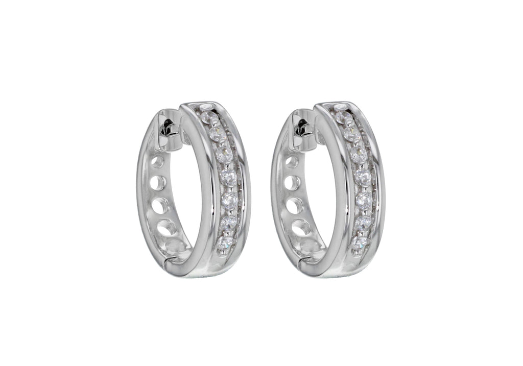 Sterling Silver Rhodium Plated Zirconia  15mm x 14mm Thin Huggy Earrings