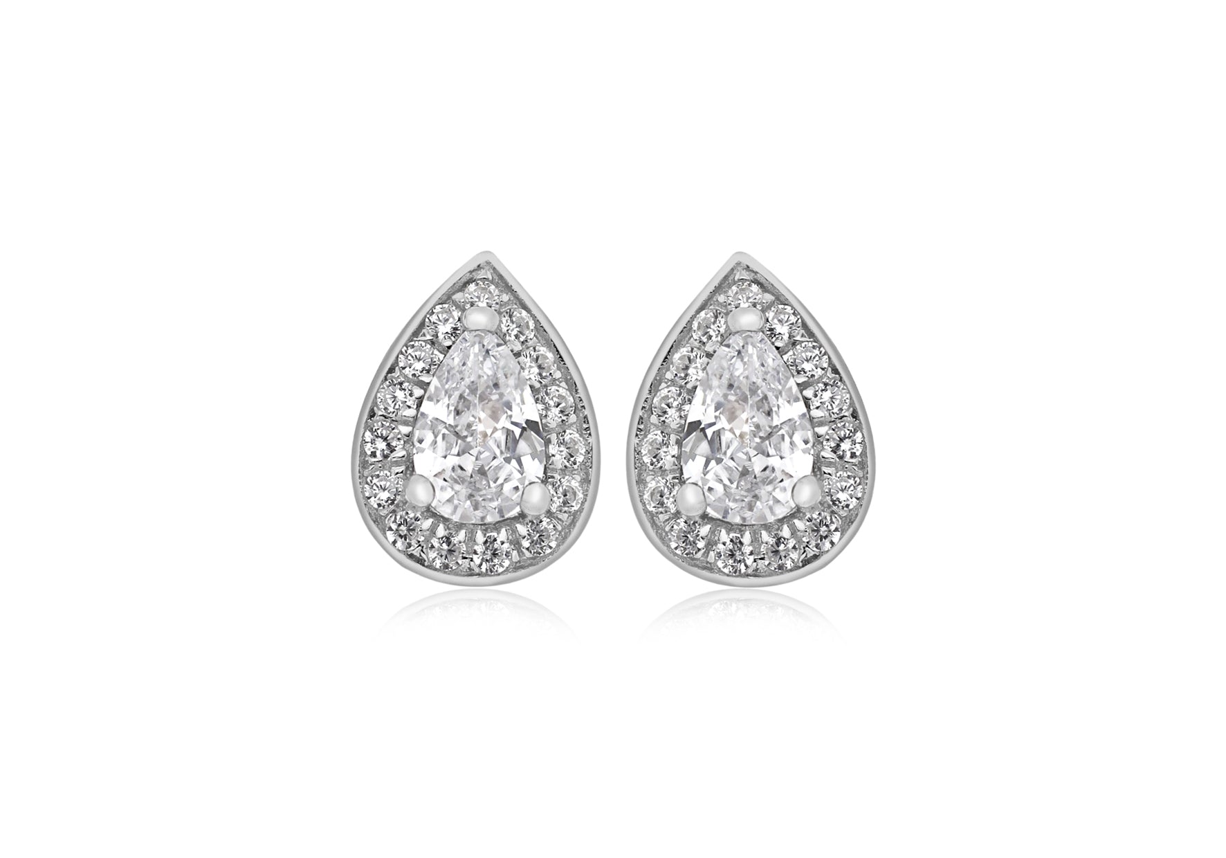 Sterling Silver Rhodium Plated White Zirconia  7.5mm x 10.5mm Teardrop Stud Earrings