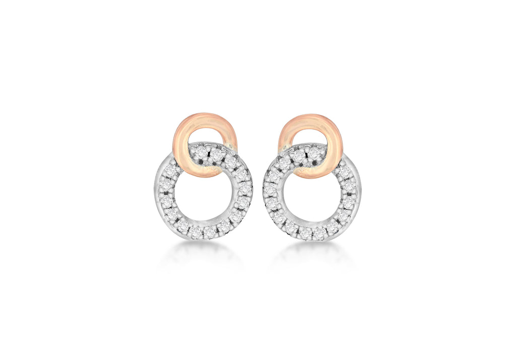 Sterling Silver 2-Tone Zirconia  Set Double-Ring Stud Earrings