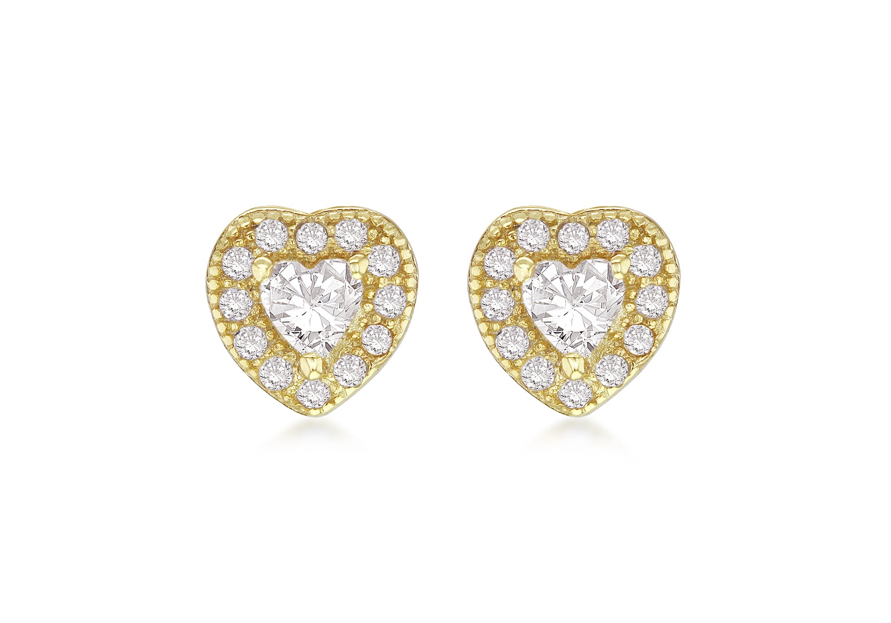 Sterling Silver Yellow Gold Plated Zirconia  Set Heart Stud Earrings