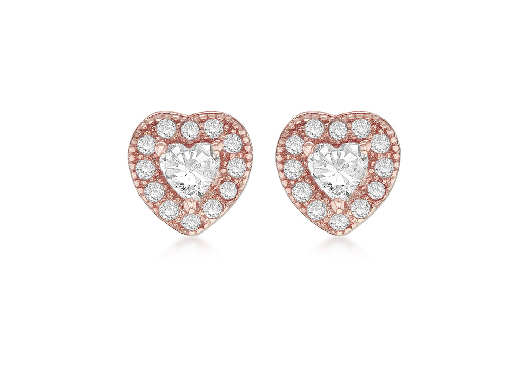 Sterling Silver Rose Gold Plated Zirconia  6.3mm x 6.2mm Heart Stud Earrings