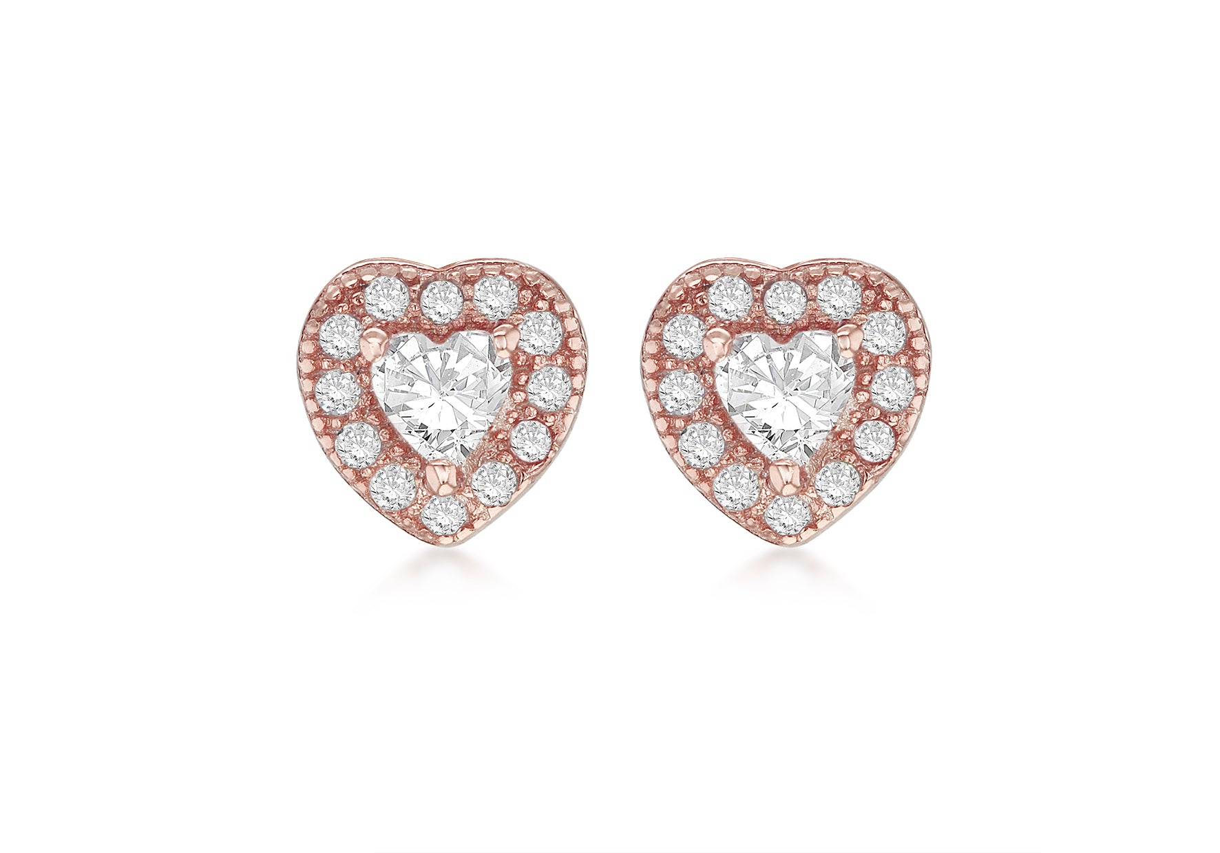 Sterling Silver Rose Gold Plated Zirconia  6.3mm x 6.2mm Heart Stud Earrings
