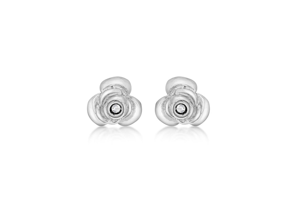 Sterling Silver Rhodium Plated 0.02t Diamond Rose Stud Earrings
