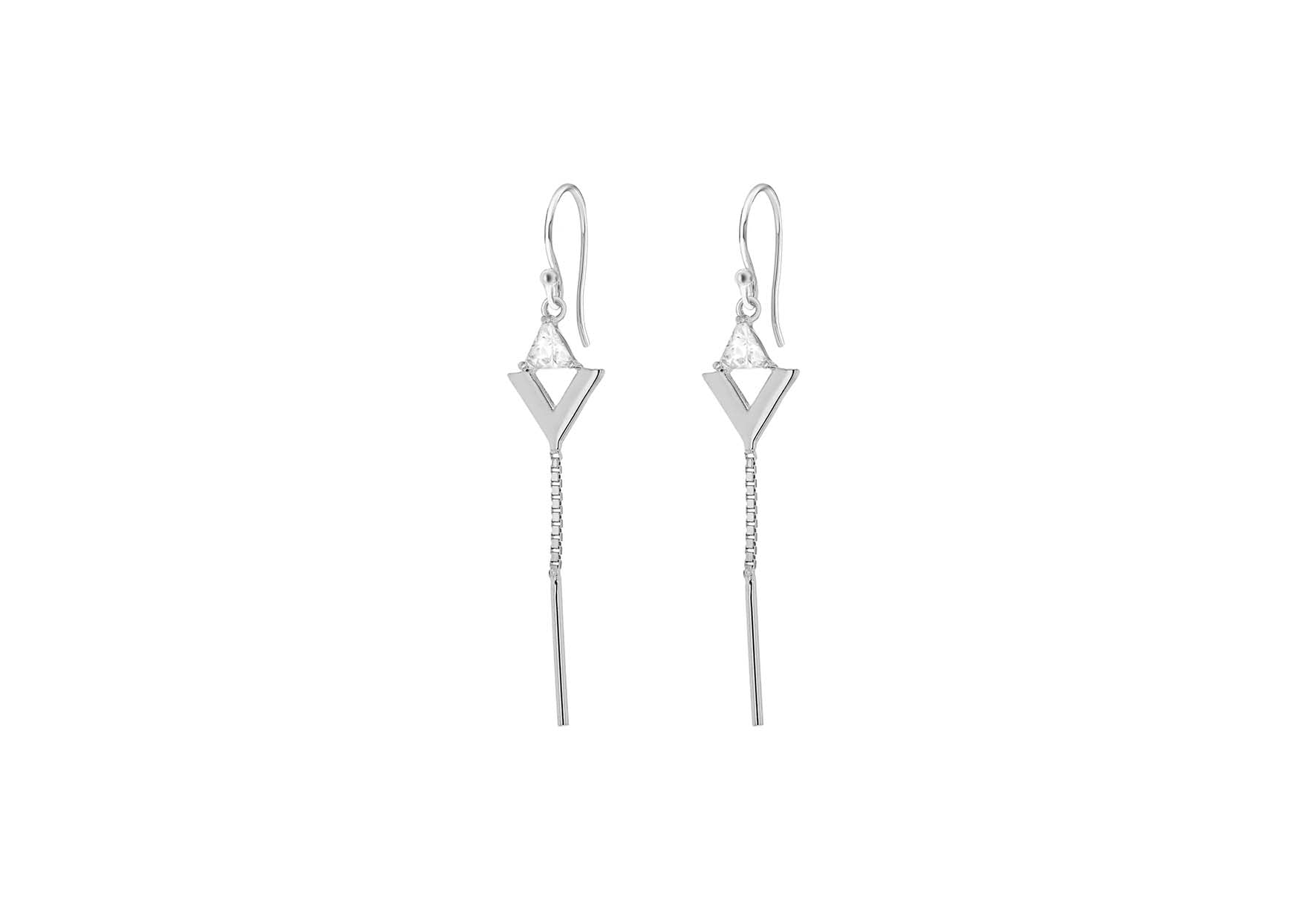 Sterling Silver Rhodium Plated Zirconia  Triangle and Chain Drop Earrings