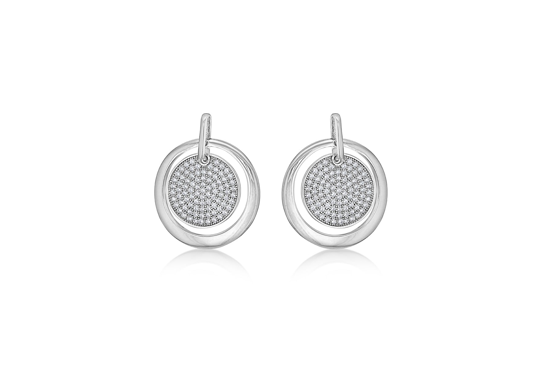 Sterling Silver Rhodium Plated Zirconia  Stone Set Disc Circle Drop Earrings