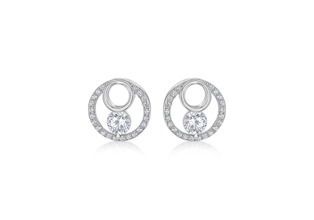 Sterling Silver Rhodium Plated Zirconia  Stone Set Double-Circle Earrings