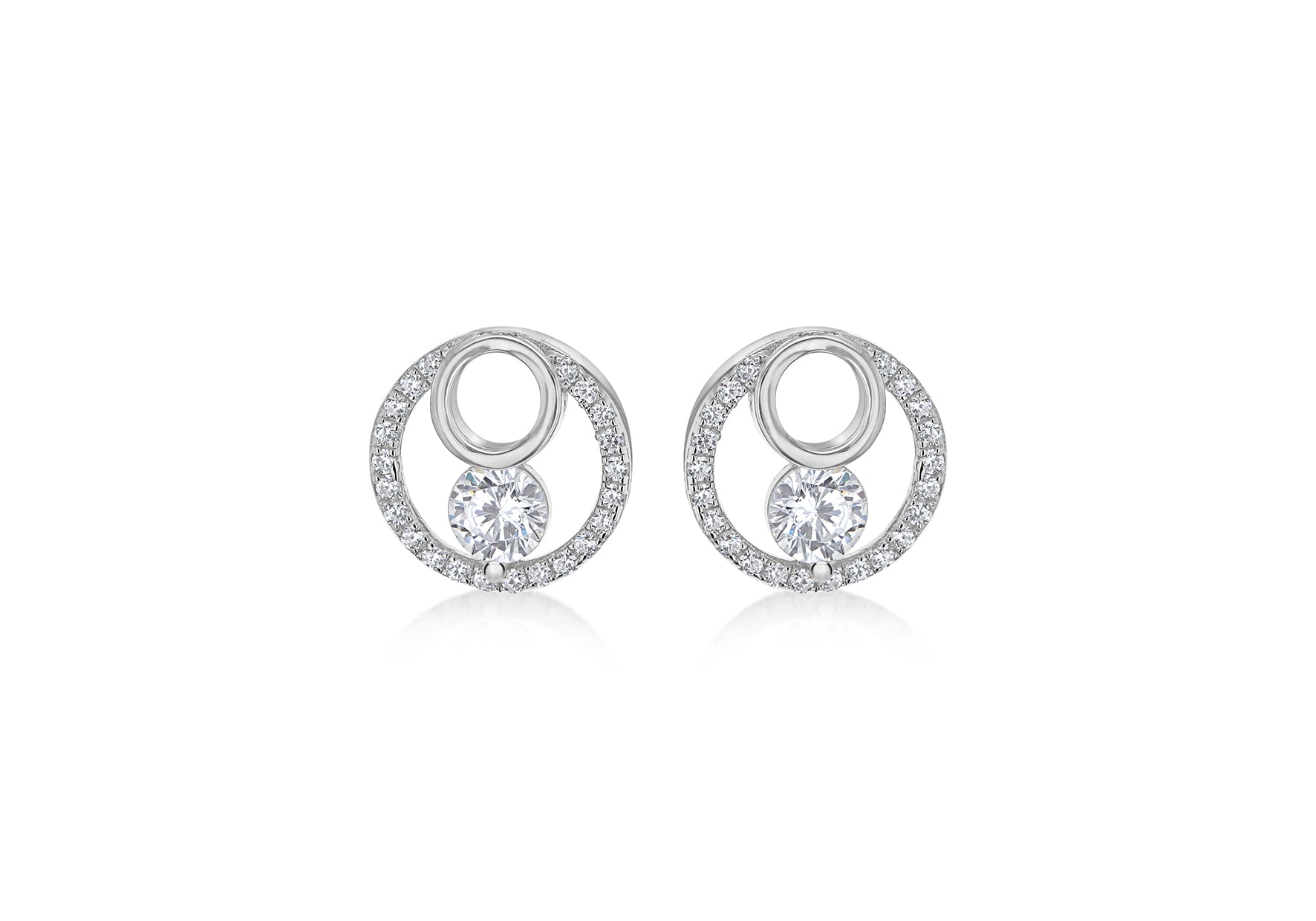 Sterling Silver Rhodium Plated Zirconia  Stone Set Double-Circle Earrings