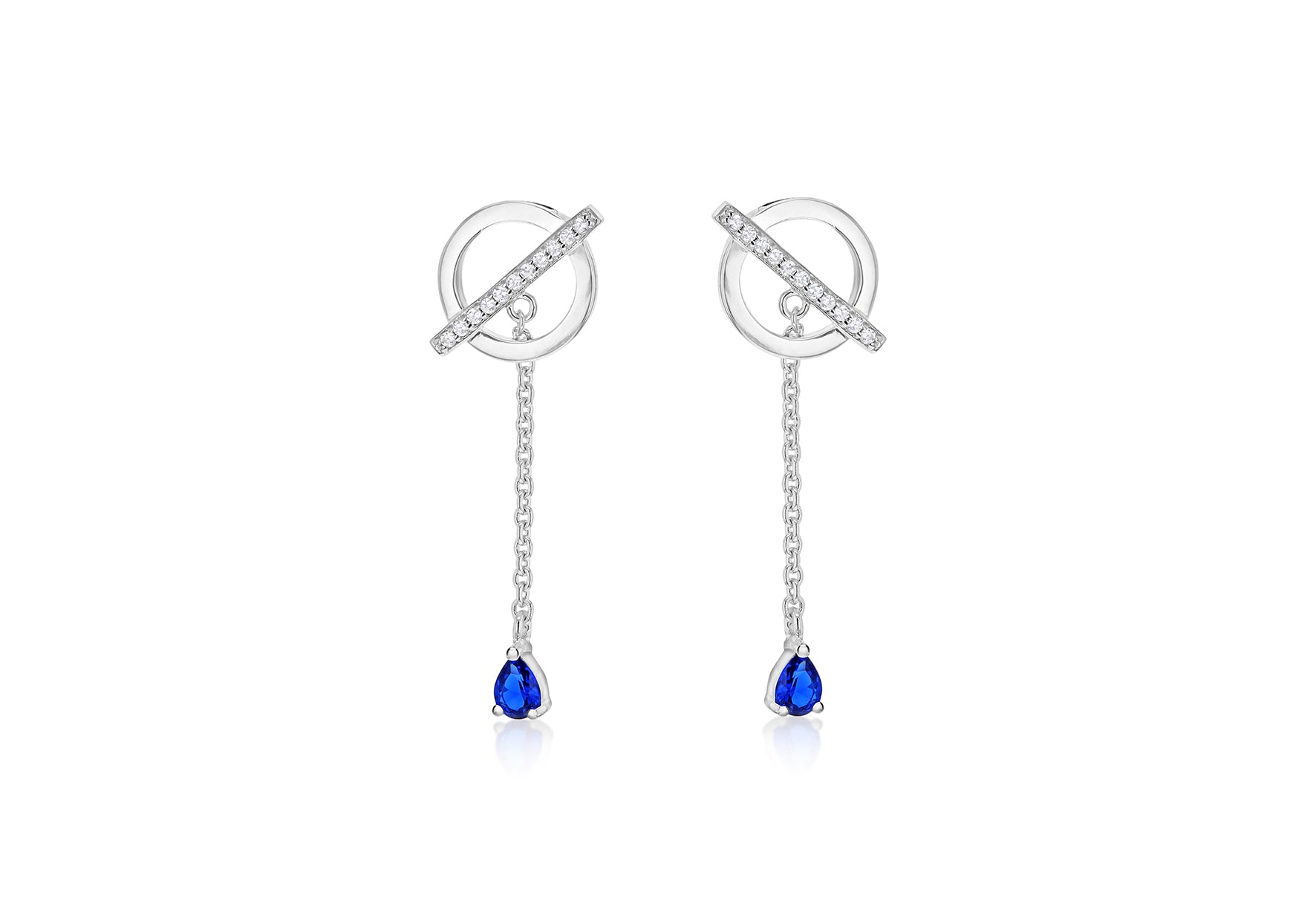 Sterling Silver Rhodium Plated White and Blue Zirconia  Set Circle Bar & Chain Drop Earrings