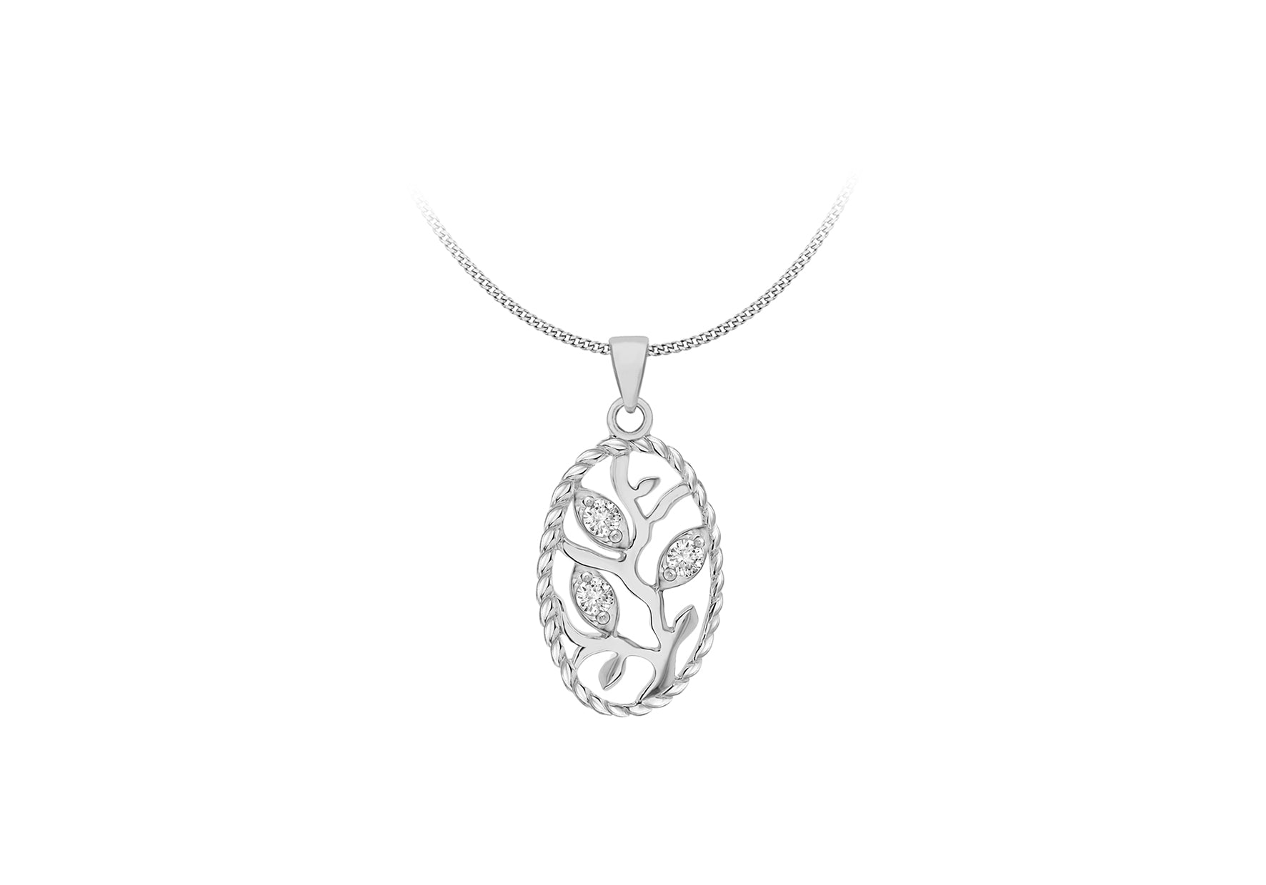 Sterling Silver Zirconia  15.9mm x 31.5mm Oval 'Tree of Life' Pendant