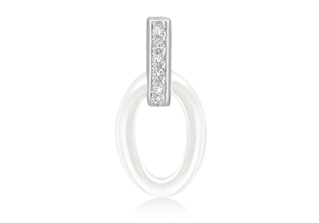 Sterling Silver Rhodium Plated Oval White Ceramic Zirconia  Set Pendant
