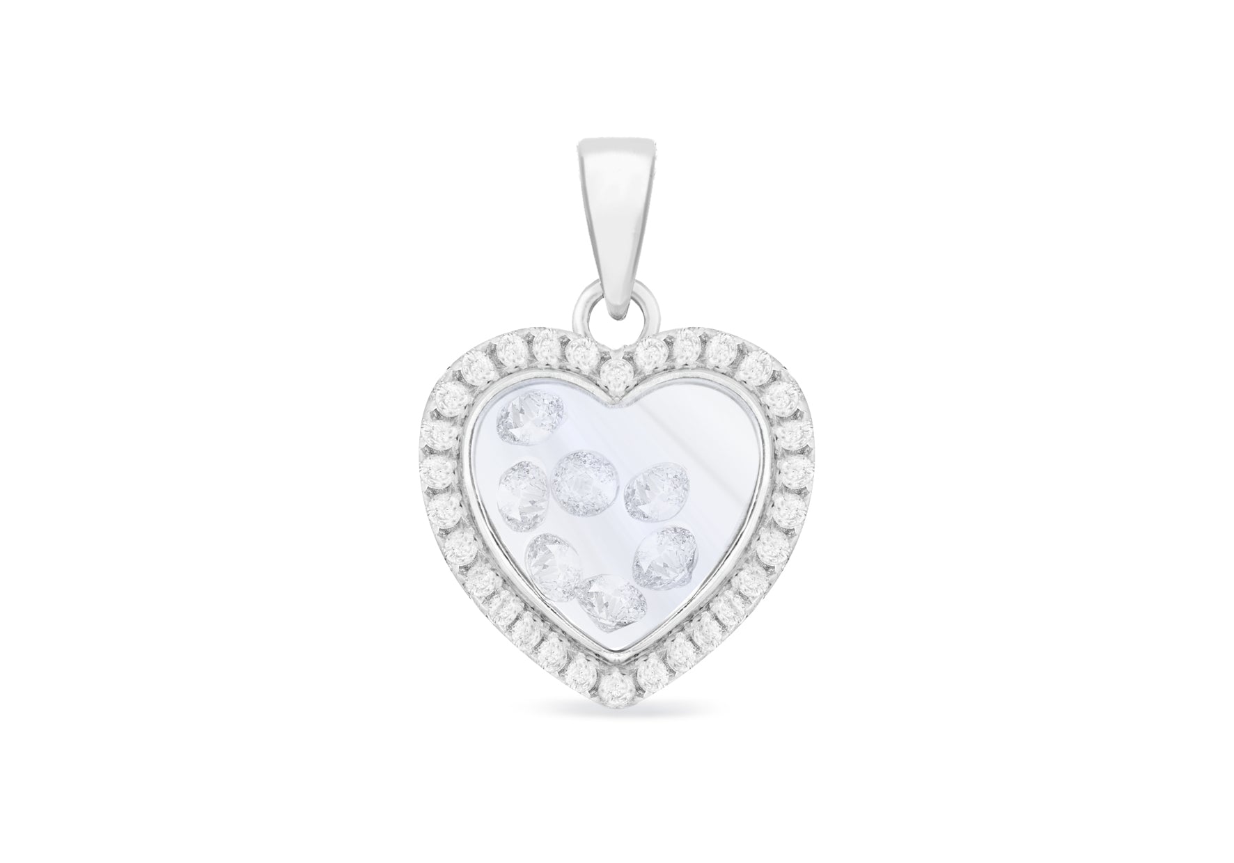 Sterling Silver Rhodium Plated Floating Zirconia  Stones Heart Pendant