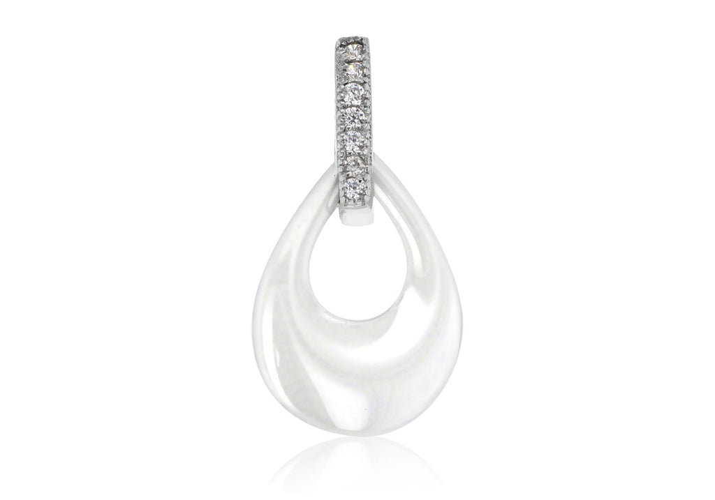 Sterling Silver Rhodium Plated White Ceramic Zirconia  Set Teardrop Pendant