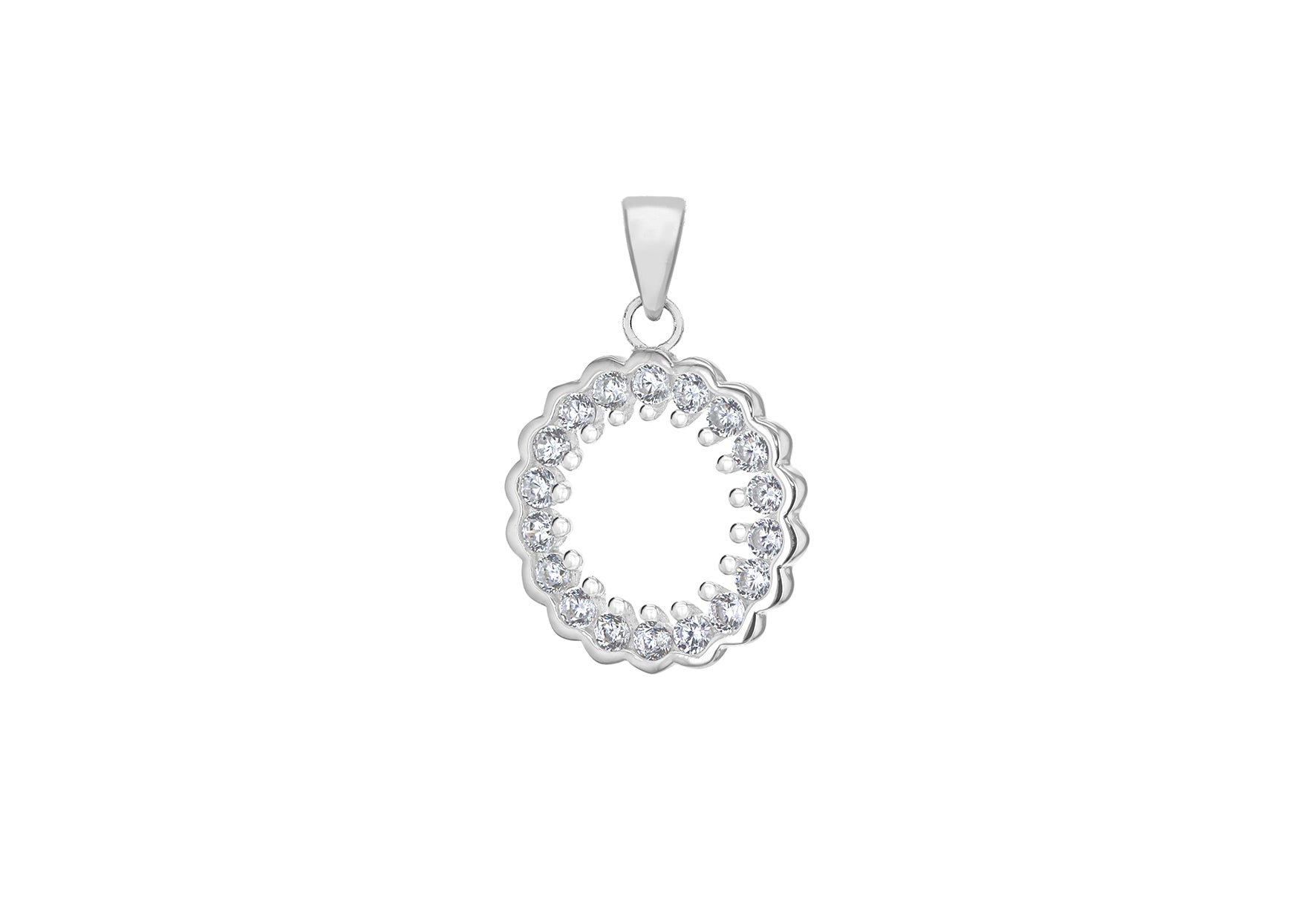 Sterling Silver Rhodium Plated Zirconia  Claw and Rubover 15.7mm x 23.4mm Circle Pendant