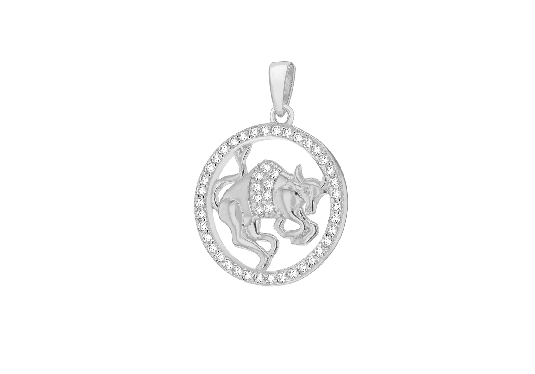 Sterling Silver Rhodium Plated Zirconia  19.3mm x 26.5mm Taurus Horoscop Round Pendant
