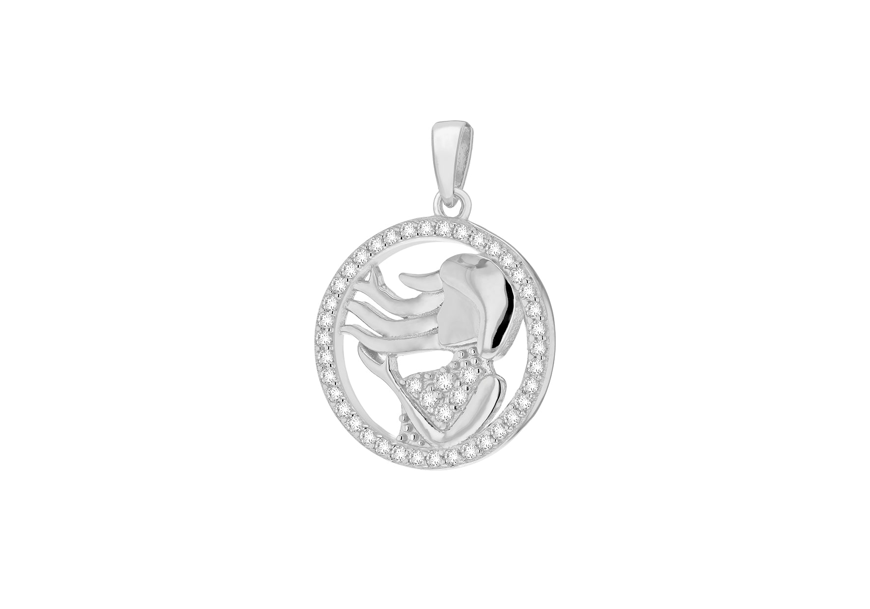 Sterling Silver Rhodium Plated Zirconia  19.3mm x 26.5mm Virgo Horoscop Round Pendant