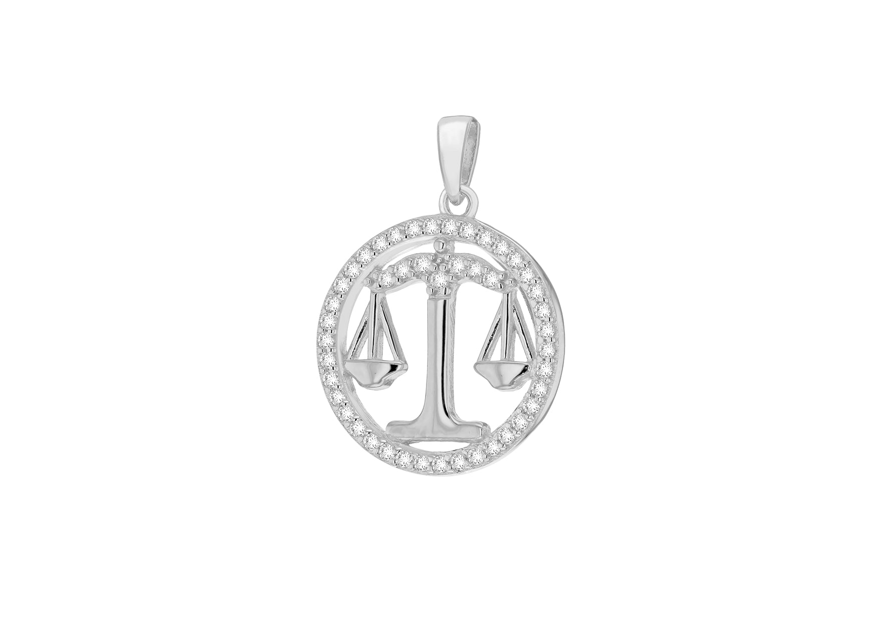 Sterling Silver Rhodium Plated Zirconia  19.3mm x 26.5mm Libra Horoscop Round Pendant