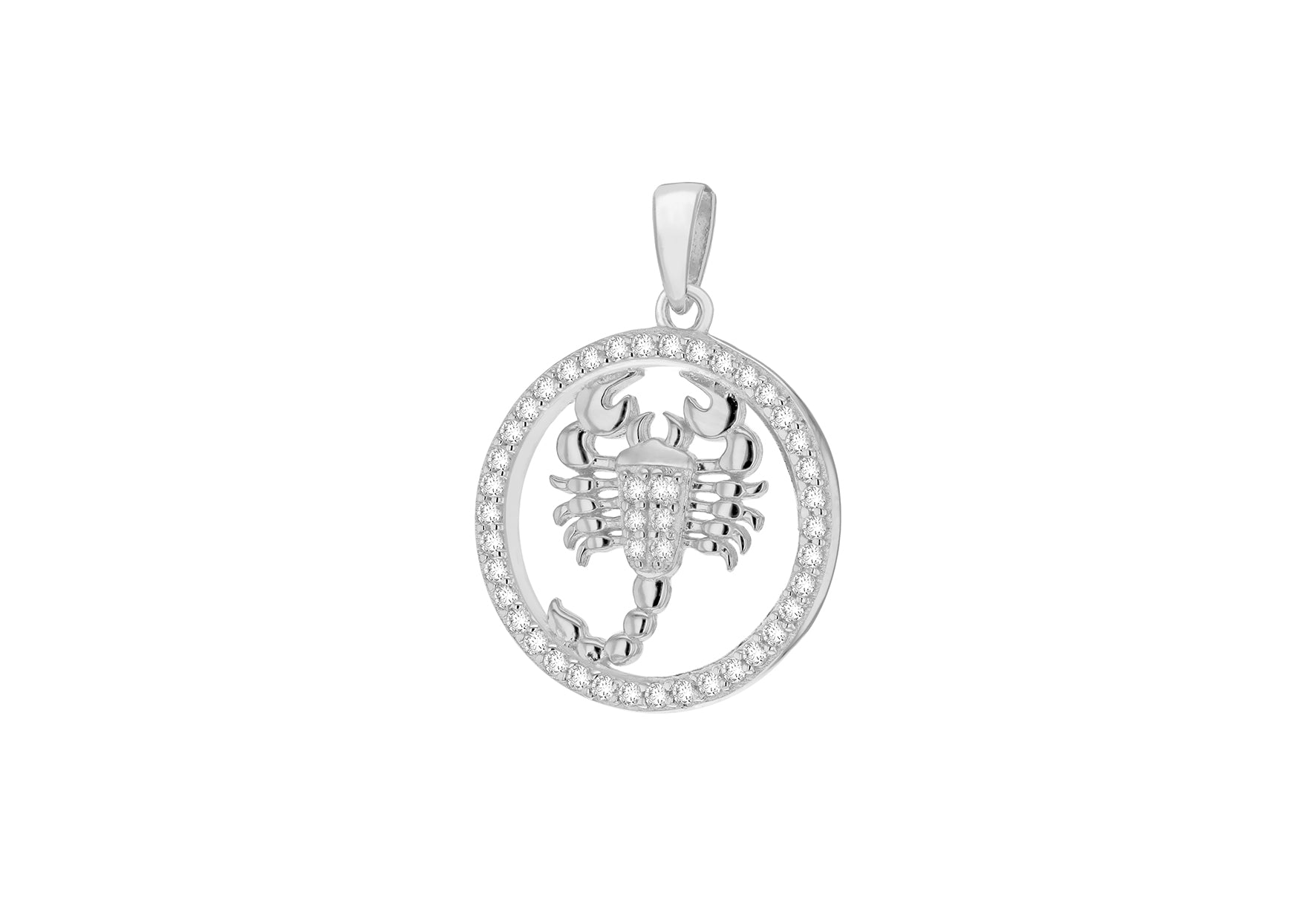 Sterling Silver Rhodium Plated Zirconia  19.3mm x 26.5mm Sorpio Horoscop Round Pendant