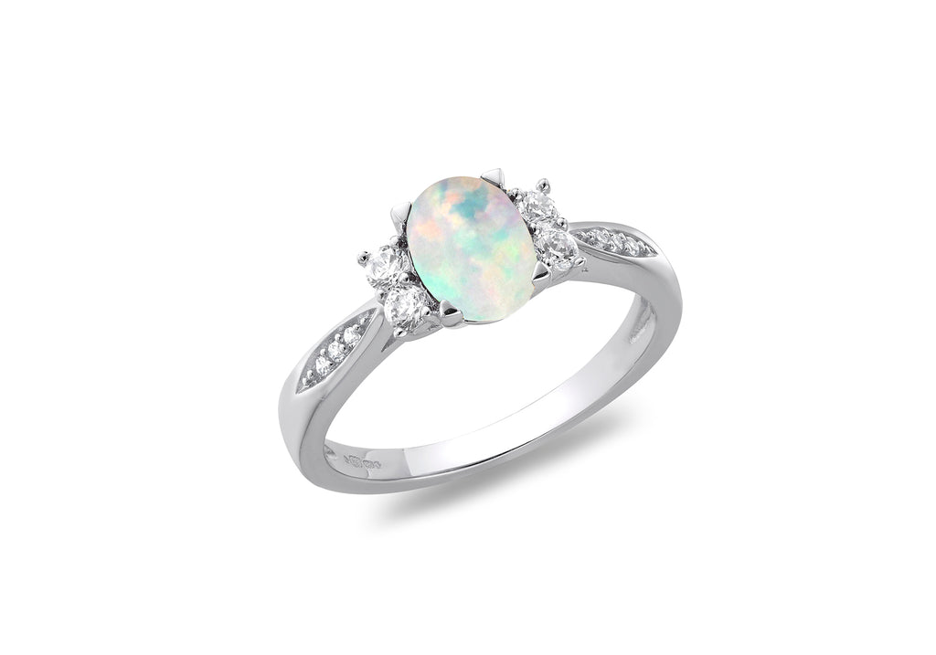 Opal & White Zirconia Sterling Silver Oval Shoulder Ring